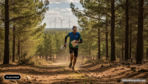Photojournalistic realistic photo of an orienteering runner in a pine forest trail in rural Spain, with wind turbines visi...