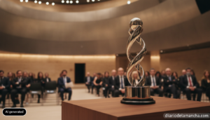 Image of an institutional awards ceremony in a modern museum hall in Spain, a trophy on a podium table with soft stage lig...