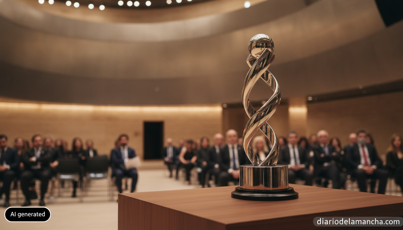 Image of an institutional awards ceremony in a modern museum hall in Spain, a trophy on a podium table with soft stage lig...