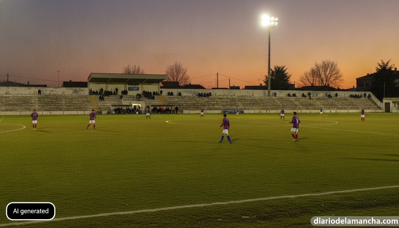 Wide realistic photojournalistic shot of a small-town Spanish amateur football stadium at dusk during a preseason friendly...