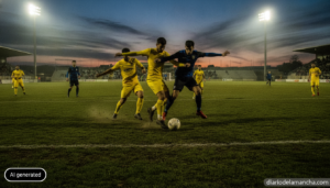 Photojournalistic wide-angle shot of an amateur regional football match at dusk, players in generic yellow and generic dar...