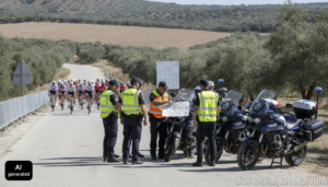 Wide realistic photojournalistic shot of a Guardia Civil traffic security team briefing before a road cycling race in rura...