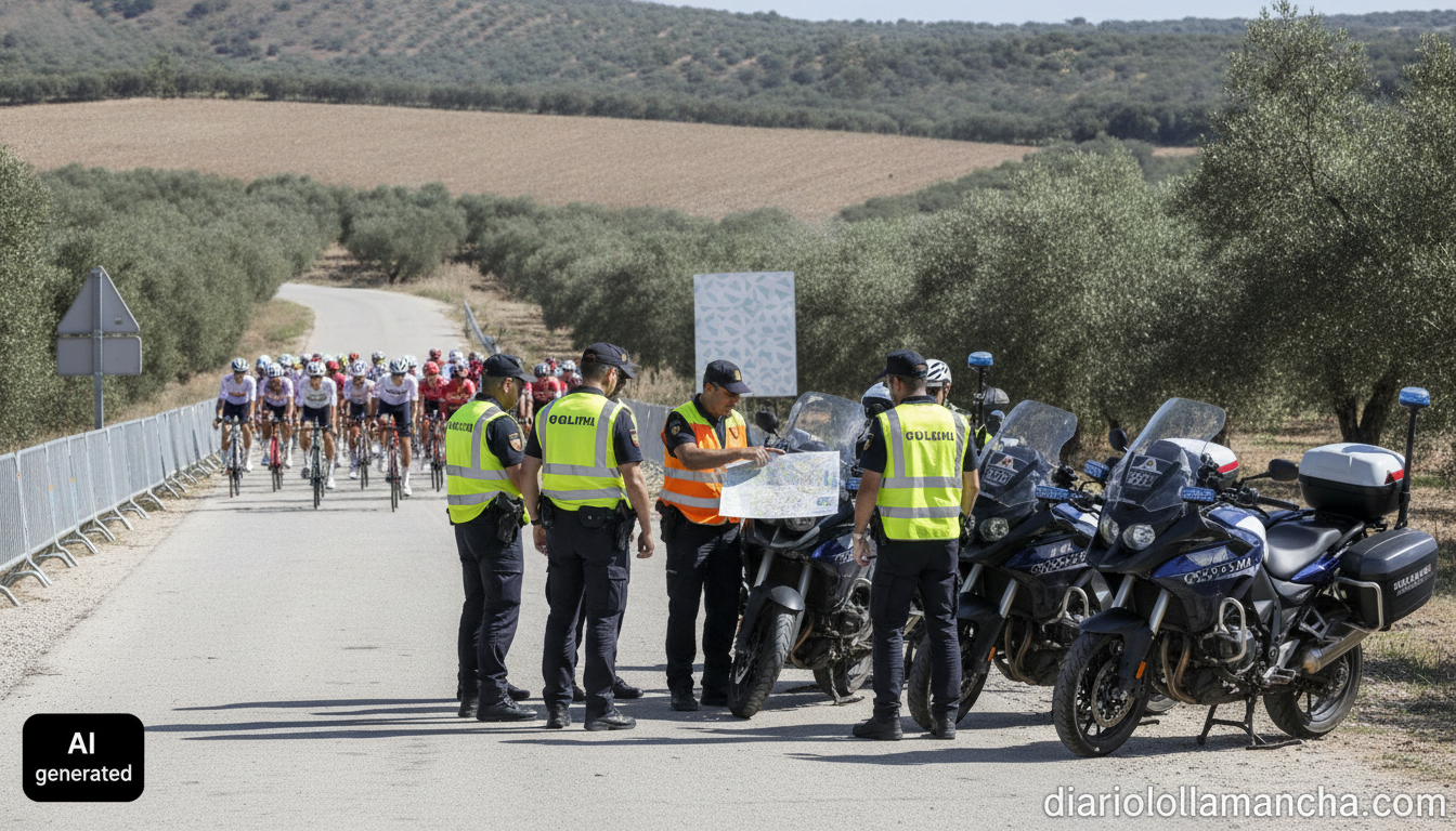 Wide realistic photojournalistic shot of a Guardia Civil traffic security team briefing before a road cycling race in rura...