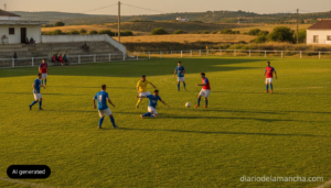 Photojournalistic realistic image of an amateur football preseason friendly match in Spain, players in action on a grass p...