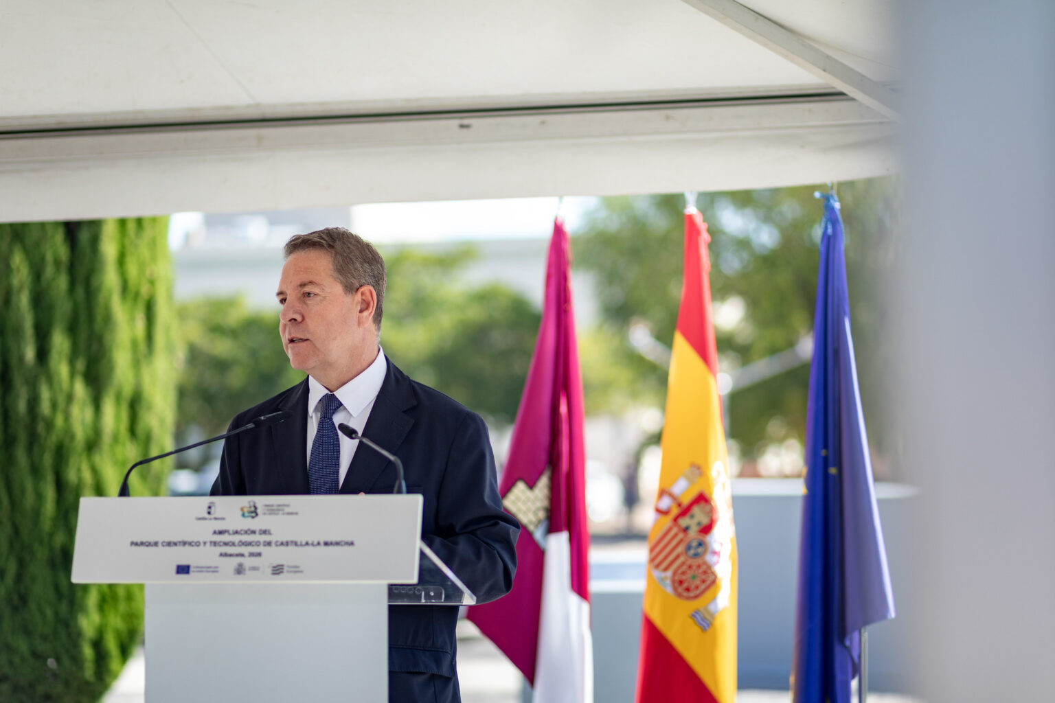 García-Page durante el acto de la primera piedra de ampliación del PCTCLM en Albacete