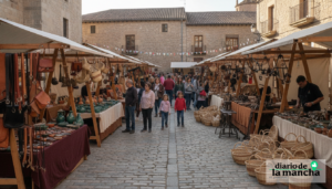 A wide editorial photo of a traditional artisan craft fair, wooden market stalls displaying handmade leather goods, cerami...