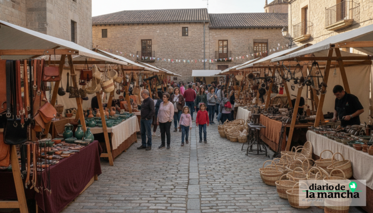 A wide editorial photo of a traditional artisan craft fair, wooden market stalls displaying handmade leather goods, cerami...