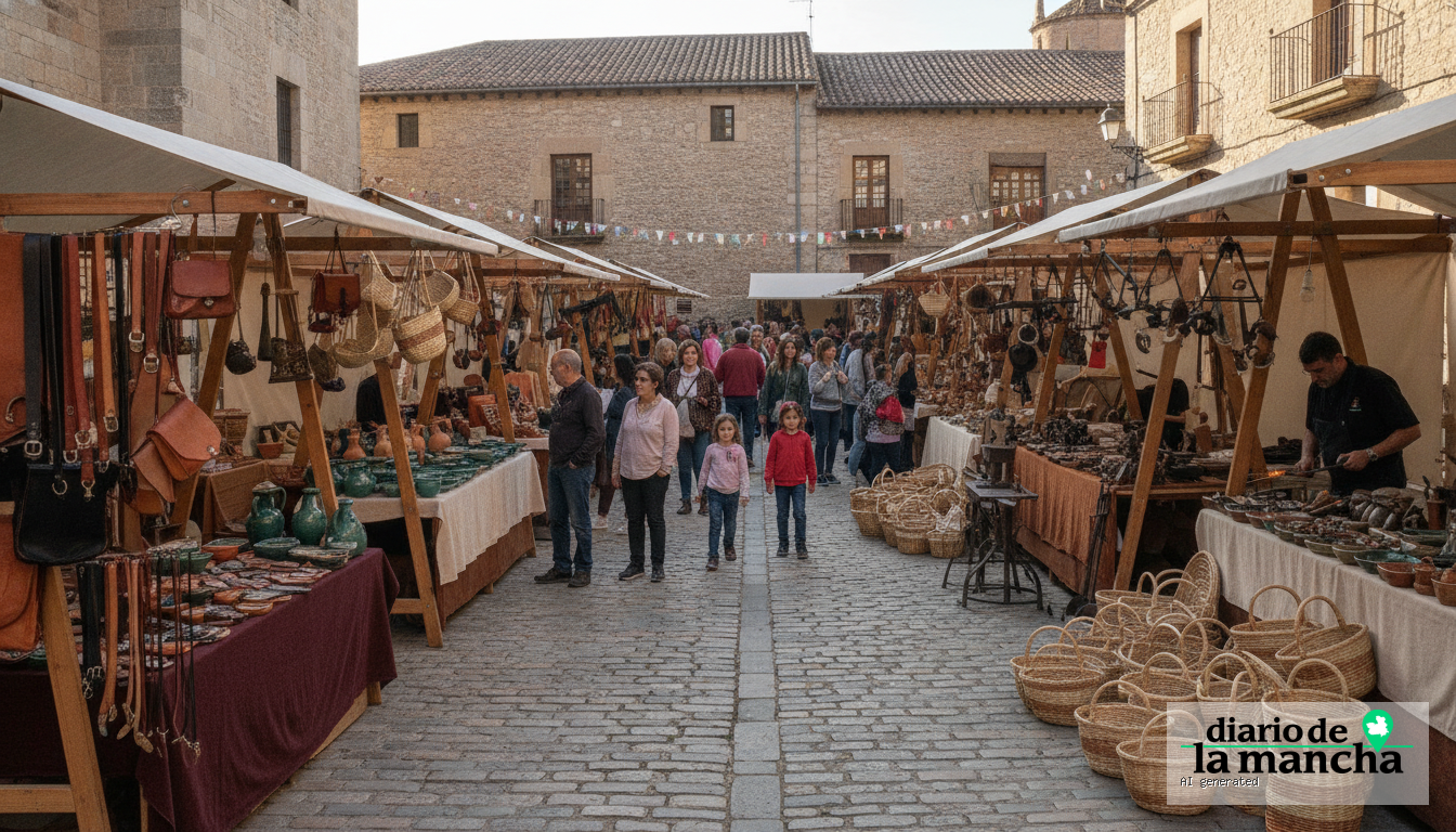 A wide editorial photo of a traditional artisan craft fair, wooden market stalls displaying handmade leather goods, cerami...