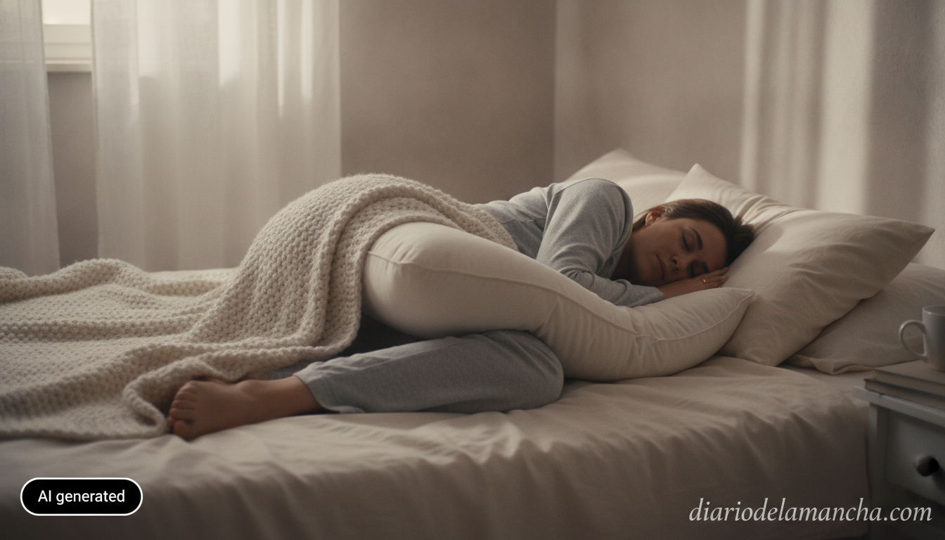 Persona durmiendo de lado con almohada entre las piernas