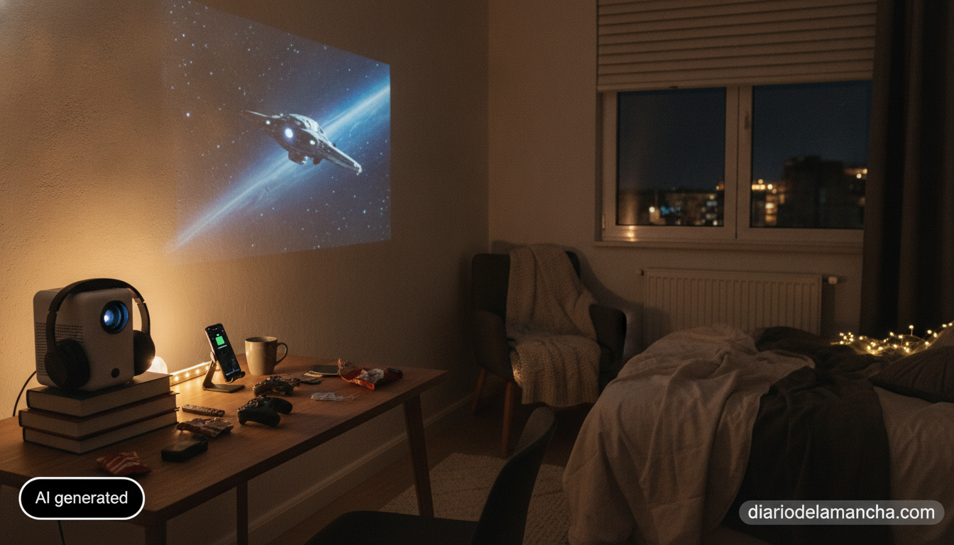Habitación de adolescente con miniproyector y gadgets de regalo