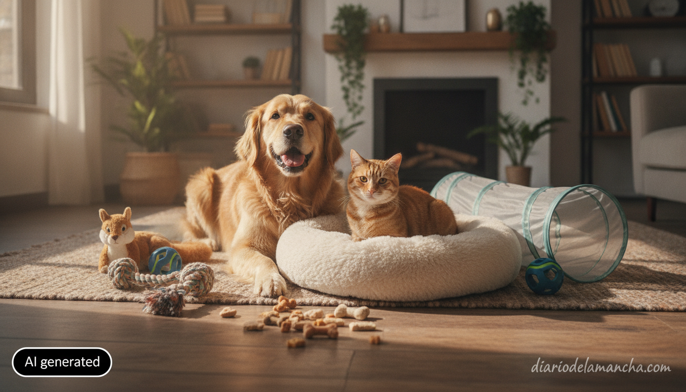 Ideas de regalos únicos para tus mascotas que fomentan su felicidad y salud diaria 1 Perro y gato rodeados de juguetes y regalos para mascotas