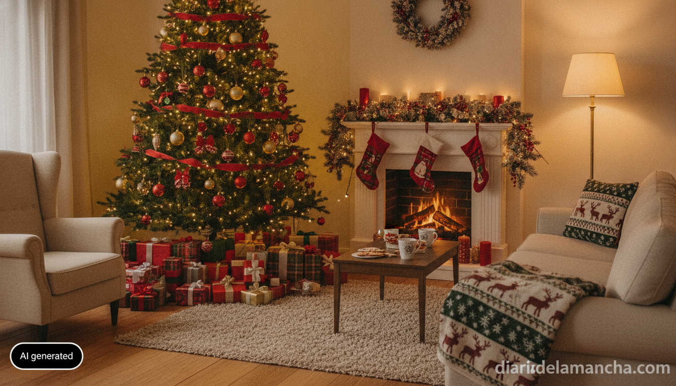 Regalos de Navidad envueltos junto al árbol decorado