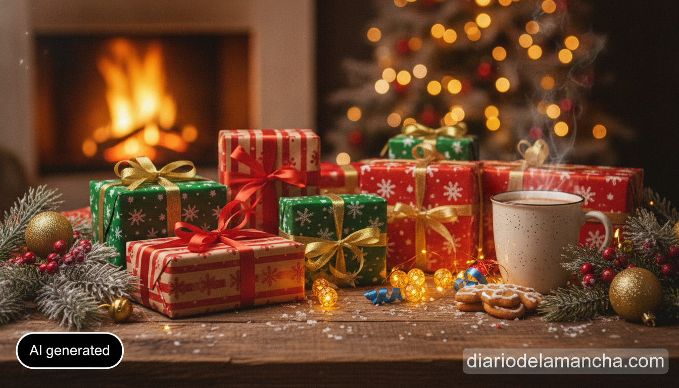 Regalos navideños económicos envueltos sobre mesa de madera
