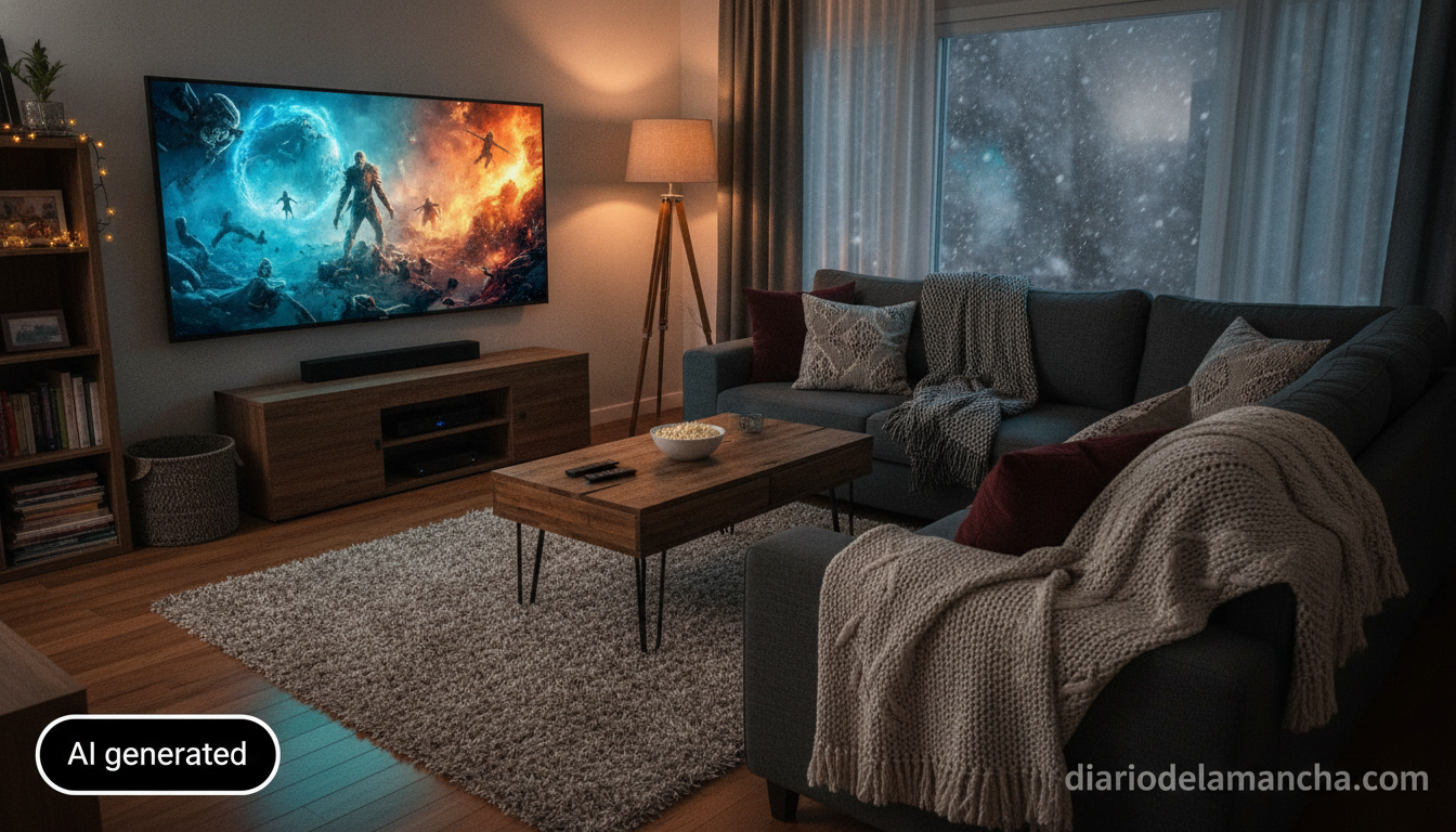 Salón acogedor con smart TV LG y mantas en invierno