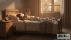 Niño durmiendo junto a un reloj despertador en el cambio al horario de invierno