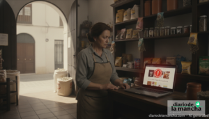 Dueño de un pequeño comercio revisa en el portátil un aviso de seguridad en su tienda online por el fallo de PHP