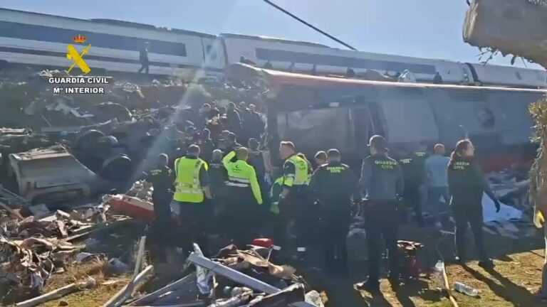 Agentes de la Guardia Civil junto a un vagón volcado en Urda